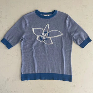 Daily Thread Short Sleeve Crew Neck Knit Sweater Duotone Blue + White Sz XS NWT